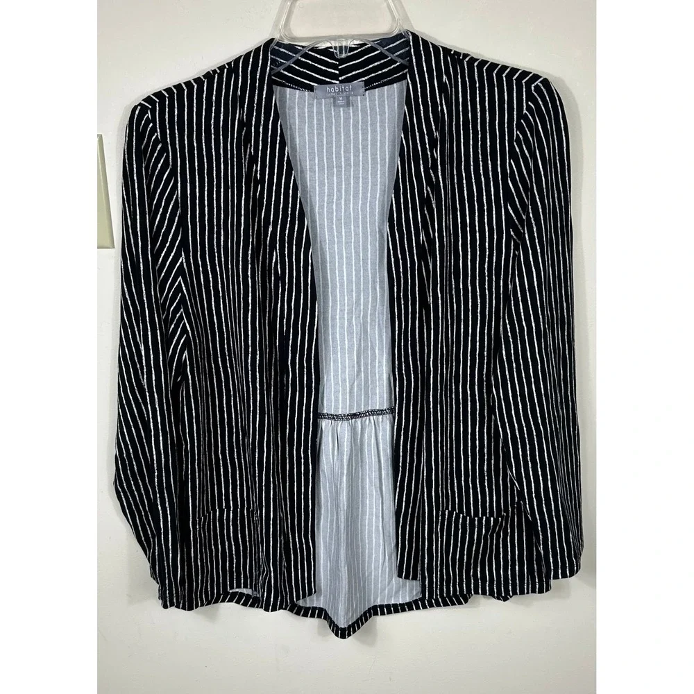 Habitat Clothes to Live In Blazer Women M Black White Striped Pockets Peplum‎